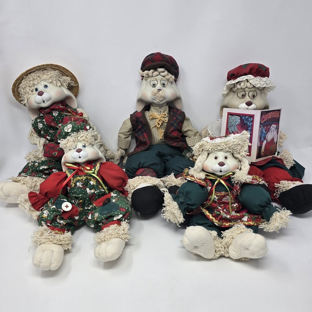 Vintage House of Lloyd Christmas Bunnies Set of 5 Porcelain Face 1993-97 Holiday